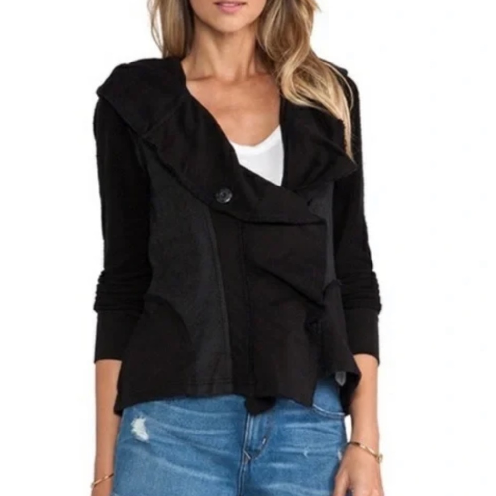 Free People Clementine Asymmetrical Lace Inset Black Hoodie Jacket Size Small